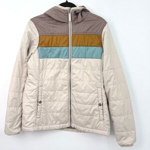 LL Bean Puffer Jacket Women M Colorblock Quilted Hooded Gorpcore Minimalist